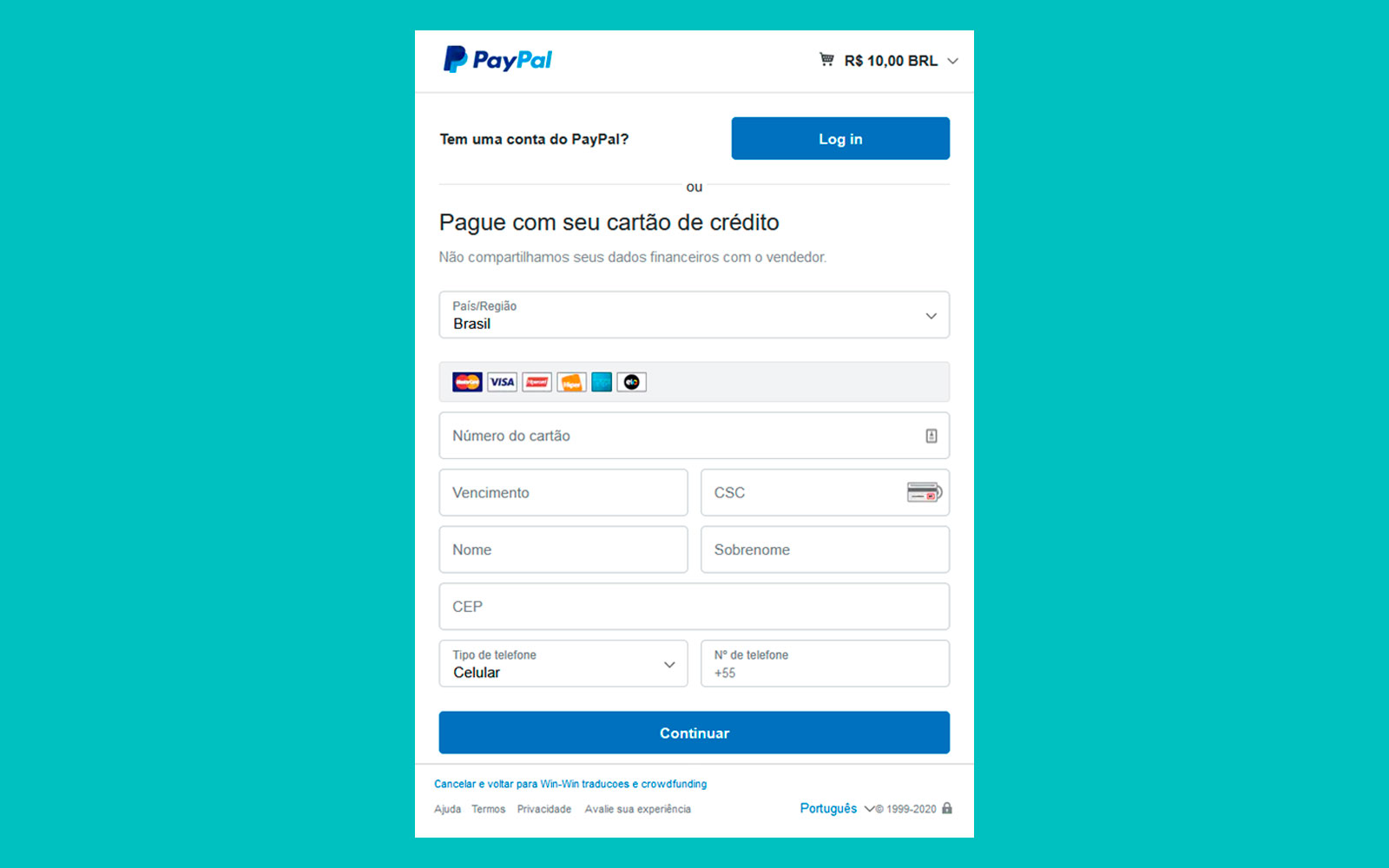 Página de pagamento do PayPal