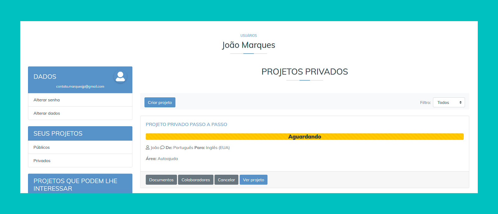 Página de projetos privados