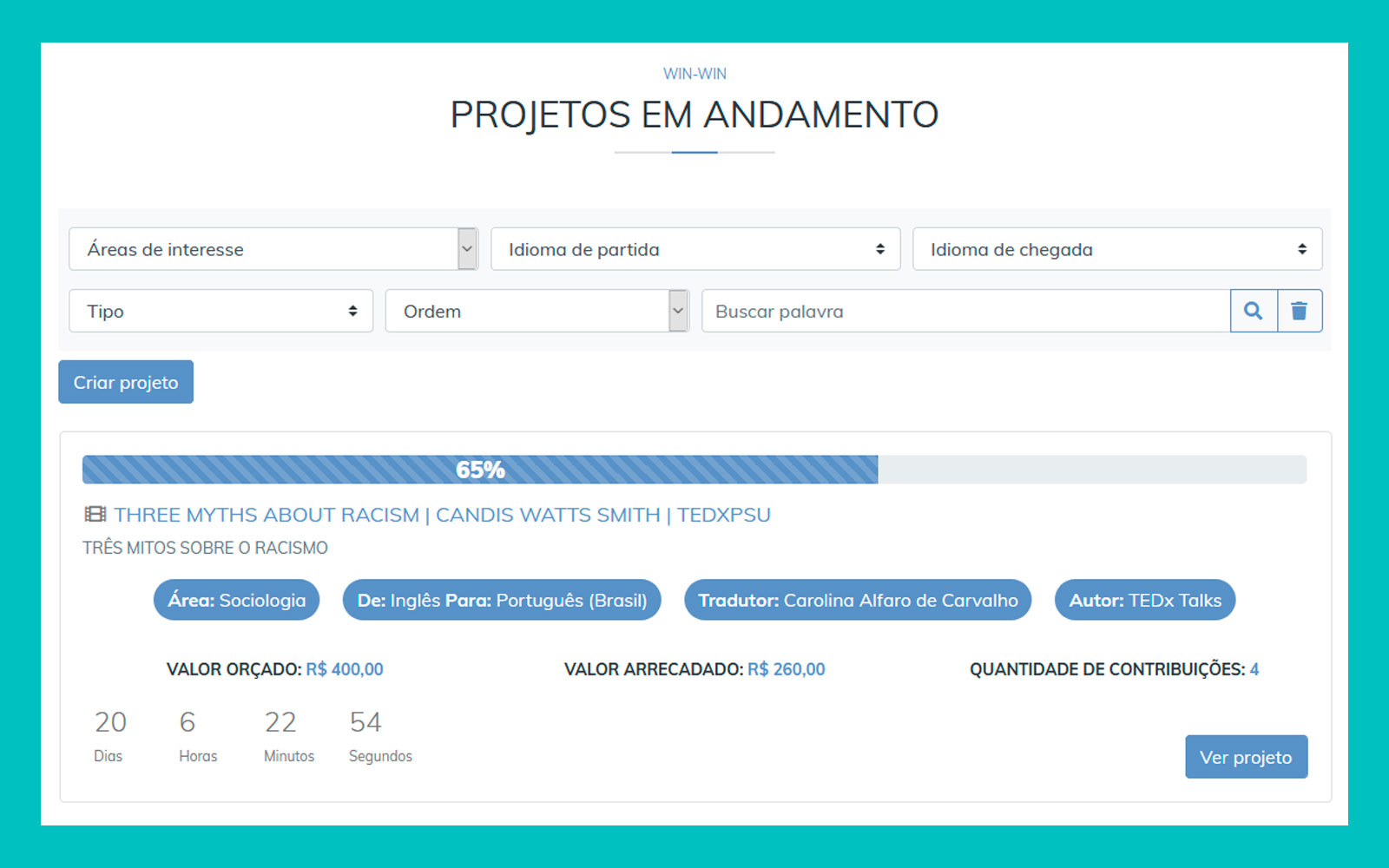 Página de projetos em andamento na Win-Win