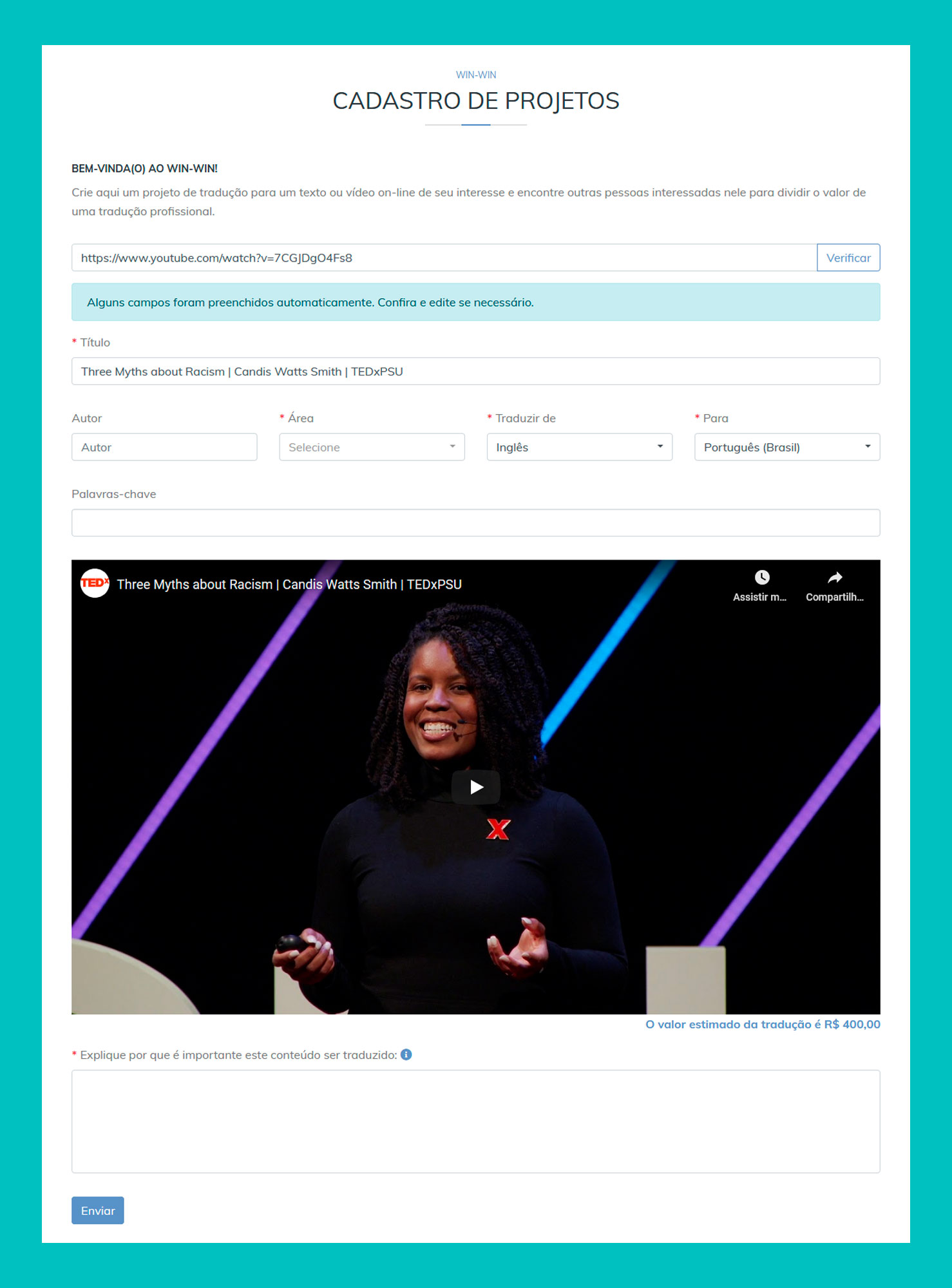 Página de envio de projeto público