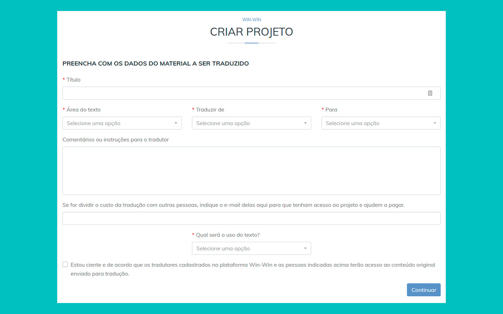 Página de criação de projetos privados
